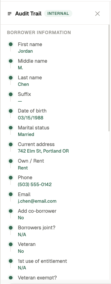 Internal audit trail showing borrower information