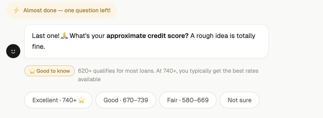 Final question with Almost done banner and credit score options