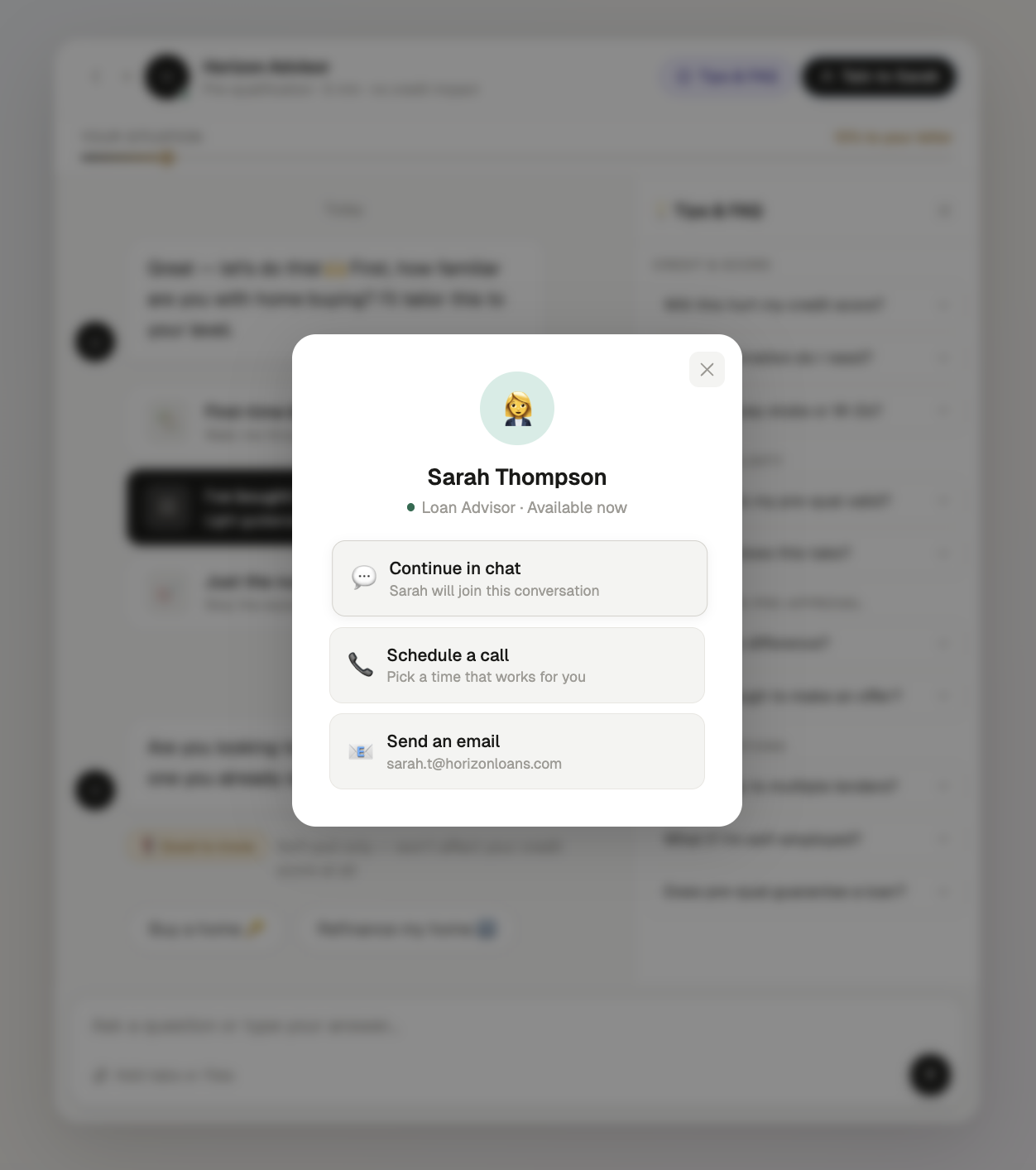 Talk to Sarah modal with continue, schedule, or email options