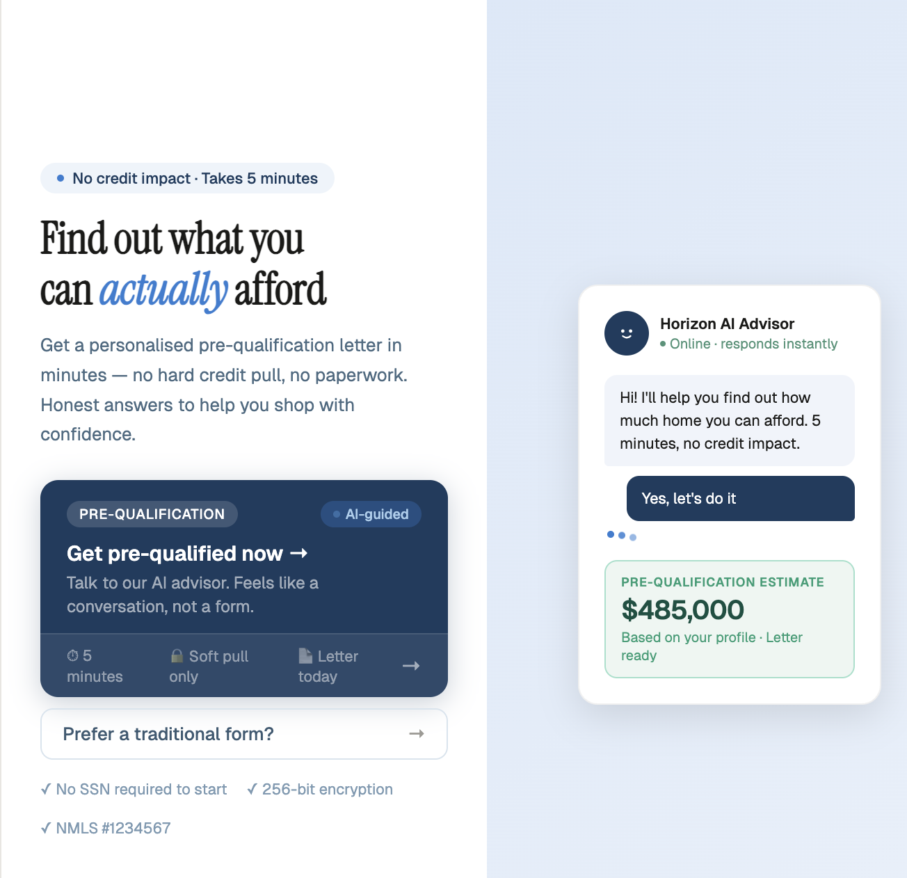 AI chatbot landing page — Find out what you can actually afford
