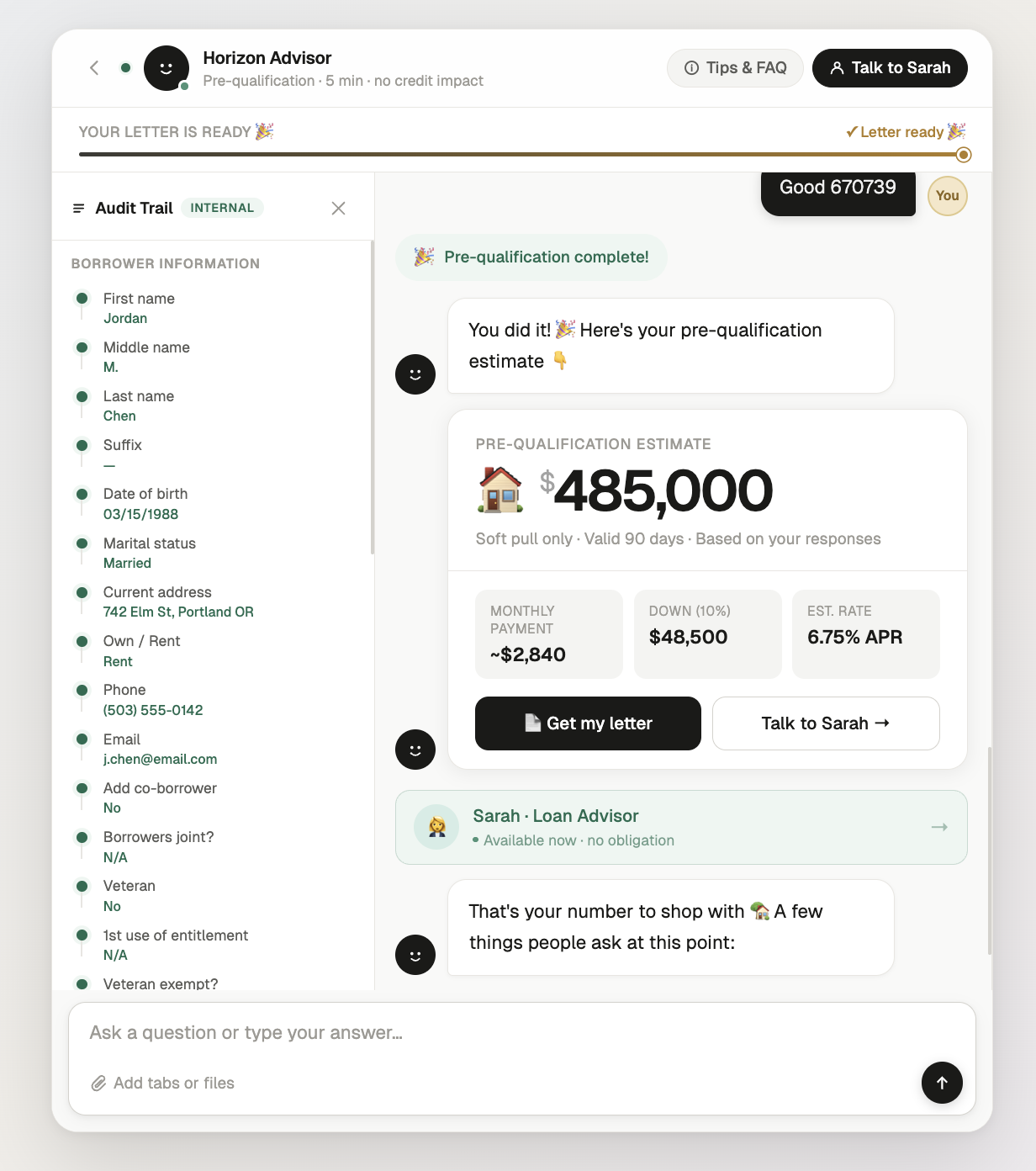Complete results view with $485,000 estimate and internal audit trail