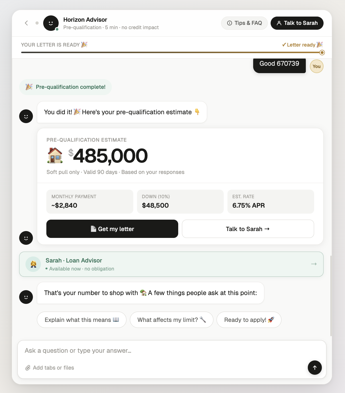 Results screen with $485,000 pre-qualification estimate