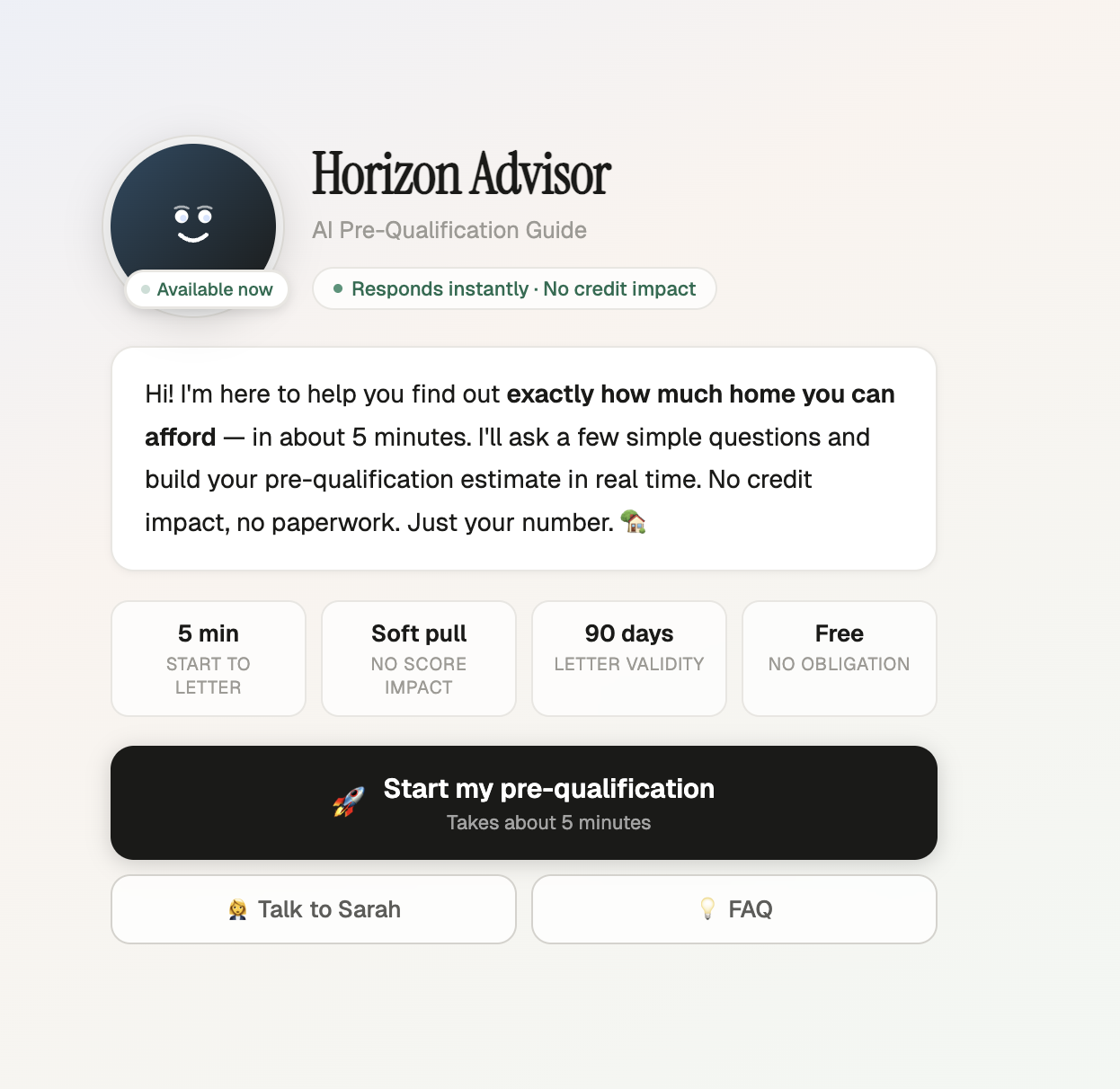 Horizon Advisor welcome screen with trust signals and CTA