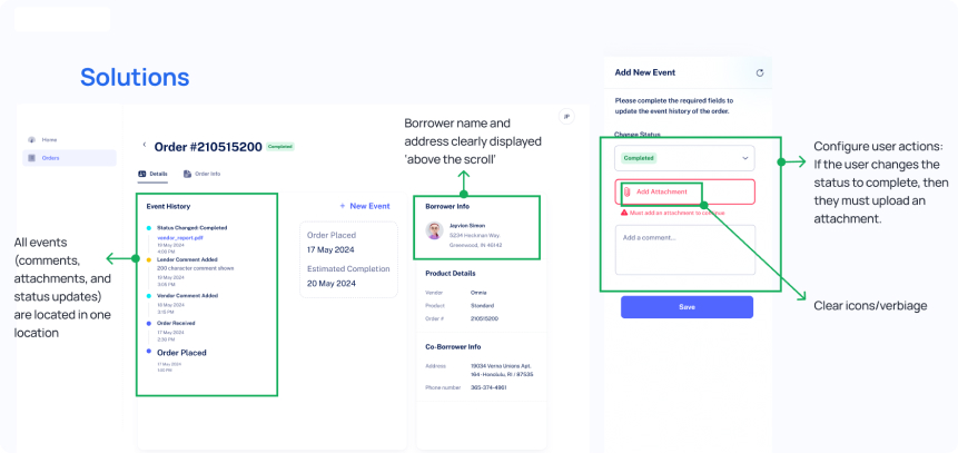 Solutions — annotated screenshot showing consolidated event history, visible borrower info, configurable user actions, and clear iconography